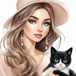 very beautiful realistic cartoon girl with cat