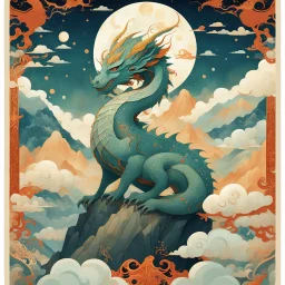 Bordered digital illustration of a ethereal cloud Dragon Emperor upon a mountain by Victo Ngai. Torat card, Hanafuda style. High quality, masterpiece.