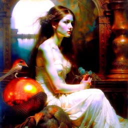 ((Masterpiece:1.2)(award-winning:1.1) caliber, professionally executed,utmost (precision and ultra-detail:1.3)techni-color , In the style of (ellen von unwerth:1.2, (Zdzisław Beksiński:0.5, John William Waterhouse,John Singer Sargent) in a desaturated, realistic, pop art style), glamor shot, 24-year-old Arab woman. Her long, curly black hair cascades down her shoulders, framing her face and her large, blank eyes. Her petite body,barbie aesthetic, portrait taken at Glamour Shots, 1988 captivating