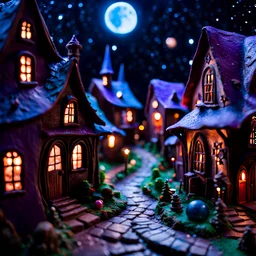 Detailed creepy street made of modeling clay, village, stars and planets, volumetric light, Roger Dean, naïve, Tim Burton, strong texture, extreme detail, Max Ernst, decal, rich moody colors, sparkles, Harry Potter, bokeh, odd