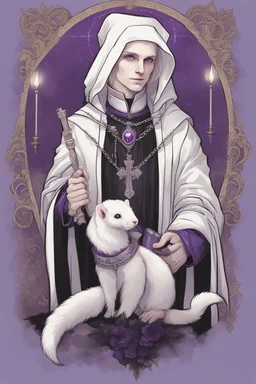 (anthropomorphic white ferret),dressed in ((cleric fantasy)) black and purple clothes with silver holy ornaments, realistic anatomy, holy symbols around, serious face, hold holy cross symbol, tired face, in the style of LOISH, look at the vivewer, blue eyes, cute face, 2d, ink lines, fantasy inspire, fantasy church on background with sunshine, gloomy atmosphere