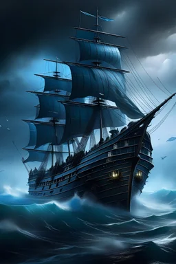Um imenso navio negro de velas azuis em meio a uma tempestade em alto mar, raios e ondas violentas, a tripulação correndo pelo navio