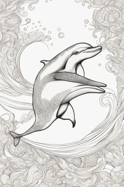 Portrait of a playful dolphin in the ocean, leaping and full of joy, coloring page for adults, contour, vector, clean line art, white background, detailed, black and white, in the style of kalamkari design