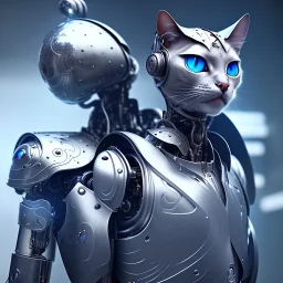 a cat-like robot with blue eyes and cyber elements wearing a medieval armor, high detail, photo, 8k, ray-tracing