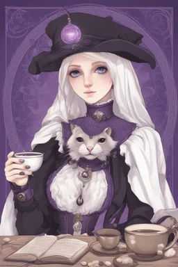 (anthropomorphic white ferret girl),dressed in ((cleric fantasy)) black and purple clothes with silver holy ornaments, realistic anatomy, fantasy tavern on background, mage and holy symbols around, serious face, hold cup of coffe, tired, pencne