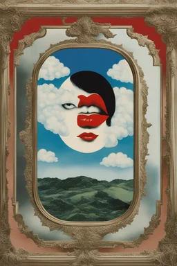 psycho art,cloud in blue sky, a red lip, collage art, shuji terayama, dreamy objects, surreal, criterion collection, showa era, intricate details, mirror