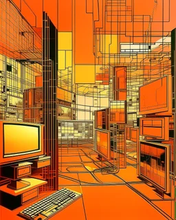 A light rosy orange colored digital metropolis with computer screens painted by Andy Warhol