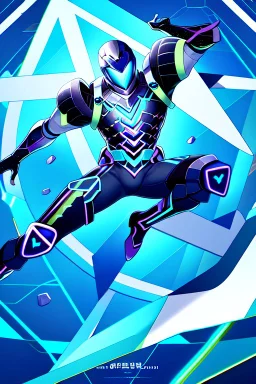 neon blue, flying parts of armor in form of triangles, cyber armor, geometric patterns on armor, male, orbiting triangle