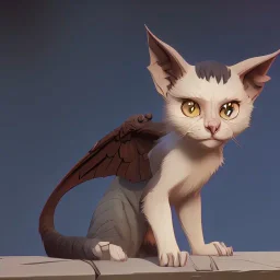 A little cute friendly cat looking gargoyle pet with goat horns and wings Nick Harris style