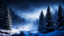 fir forrest scenery, heavy mist,valley,creek,forest,christmas ,tree,,nature,night,snow,fir tree,high-quality photograph,zeiss prime lens, bokeh , high detail, smooth render, unreal engine 5, dust effect, vivid colors,night