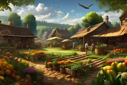 Vector. Illustration. realistic, Digital painting. large market garden growing flowers with wood workshop. tavern and woodland in background. market in background. with scarecrow in allotment. birds in sky. gardener digging. gardener sowing.