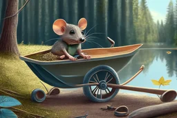 mouse in wheelbarrow, in forest by lake, book illustration, fine detail, 4k