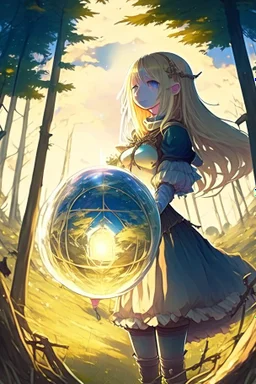 Anime, blonde girl in medieval clothing in large field in the middle of the forest with a small globe of light next to her, HD, extreme detail