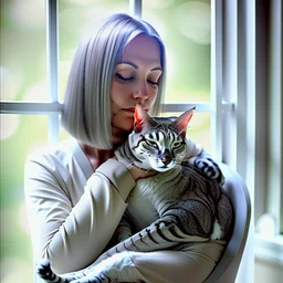 create a sleeping grey haired middle aged woman with chin length hair, sitting on a chair, in front of a window, holding her beloved gray and white tabby Oriental shorthair cat, also sleeping, in her arms. Serene peaceful calm. the snow falling outside