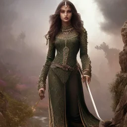 fantasy setting, insanely detailed, dark-skinned woman, indian, warrior, green curl of hair, trousers