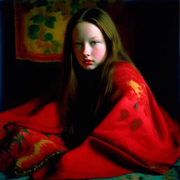 Devon aoki, grunge, in a red blanket, autochrome, baroque, studio