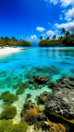 A blue beach near an underwater coral reef designed in Mehndi design painted by Paul Gauguin