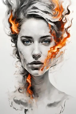 art, abstacrt, portrait of a woman with burning edges, white background