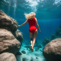 A 25-year-old blonde woman in a red swimsuit is exploring a rock horizontally underwater near the seabed. Viewed from behind, we clearly see only her lower body and legs.