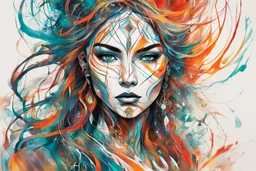 create an abstract expressionist illustration of a deeply spiritual, ethereal, darkly magical, epic nomadic tundra huntress with highly detailed and deeply cut facial features, searing lines and forceful strokes, precisely drawn, inked, with vibrant striking colors