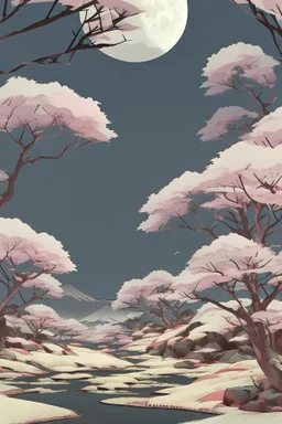 a land scape of Japanese garden, big moon, black sky, starlight night , surrounded by cherry blossom trees, cel shading