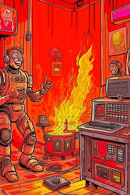 Fire starts in a radio studio, there are two characters, a metal fan radio host who continues the show, the robot sets fire, iron maiden style.