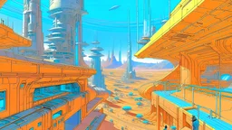 inside a futuristic city in the desert, skyscrapers, people in first plane , art of Moebius