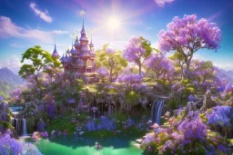 flowering tree house,on the mountain, sun,swanns,waterfall, BLUE LAKE, SWANNs,fuksia bugainvillier flowers, jacaranda violet trees, sky pink blue, full of details, smooth, bright sunshine，soft light atmosphere, light effect，vaporwave colorful, concept art, smooth, extremely sharp detail, finely tuned detail, ultra high definition, 8 k, unreal engine 5, ultra sharp focus