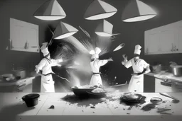 black white storybord, 3 chefs, scattered throughout the kitchen cooking, frying, cutting looking