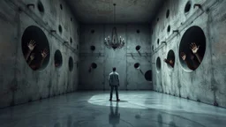 The image depicts a surreal, unsettling interior space characterized by concrete walls with numerous large holes. A figure stands in the center, facing away from the viewer. Various hands emerge from the holes, and a chandelier hangs from the ceiling, adding an eerie contrast to the stark environment. The floor is reflective, enhancing the surreal atmosphere of the scene.