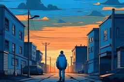 cartoon image: a blue street standing alone with a muted sunset in the background