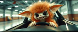 car driving happy fluffy reflective alien sloth gremlin woman in the style of Escher and Giger and Fallout 4, pinhole cam, airbrush 3d rendering, on tv screen:A five-second cinematic single take in a clean industrial presentation hall.