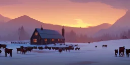 Small viking cattle farm in a bleak cold land, sunset, snowy