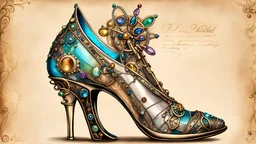 ((HAND_DRAWN_JEWELED_TECHNICAL PARCHMENT)) detailed topical view schematic of iridescent_steampunk_stiletto_heel on ((jeweled_text_covered_parchment_with smoldering_edges_and_bold_lines)), vivid tattoo ink, shiny glass jewels, masterpiece, 16k, ultra-detailed, sharp focus, red and green, deep color, vibrant, wet, gloss