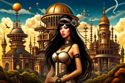 exotic sci-fi steampunk pin-up girl, with long dark hair with bangs, on an alien planet with cloud trees, tall spires, buildings, bridges, arches, photorealistic