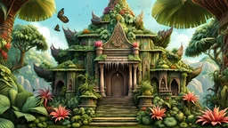 Expressively detailed and intricate 3d rendering of a hyperrealistic: mythical temple indian khajuraho tropical jungle souronded by exotic plants and flowers, barks, vines, flying insect, front view, dripping colorful paint, tribalism, gothic, shamanism, cosmic fractals, dystopian, dendritic, stylized fantasy art by Kris Kuksi, artstation: award-winning: professional portrait: atmospheric: commanding: fantastical: clarity: 16k: ultra quality: striking: brilliance: stunning colors: amazing depth: