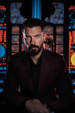 a white man - Eldridge A. Jones with crew-cut dark brown hair tapered on the sides, bangs over the forehead, goatee, bushy eyebrows, blue eyes, wearing a three-piece suit - resembles Elvis Presley, pitch black background with an overhead spotlight effect, extremely colorful, professional quality studio 8x10 35mm photograph