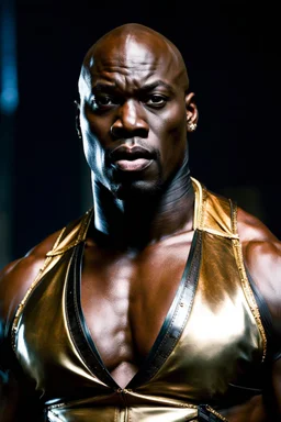 Adewale Akinnuoye-Agbaje x morris cheshunt as a handsome dark skinned and muscular heavy set man with a bald head and neatly trimmed beard. he is wearing a leather waistcoat and no shirt. he has a gold earing in his left ear. he has a angry expression on his face