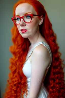 simone simons, curly, redhead, glasses on, beauty dress