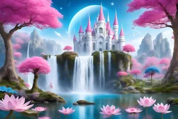 wanderful fairy and cosmic panorama with white castle, blue sky, pink trees,, big waterfall in the lake, lotus flowers, butterfly, spaceships