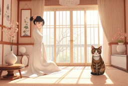 ukiyo-e, 3D characters, an elegant pretty young woman in an elegant beige-white-brown room S<AI in sunshine, cute tabby cat