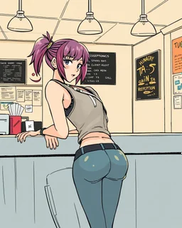 tankgirl punk emo girl hands on counter and leaning backward away from a reception desk, side view, graphic novel
