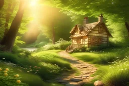 A peaceful forest scene with a winding path leading to a cozy cottage bathed in sunlight.