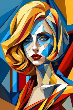 a beautiful woman with golden-ash hair, blue eye, maroon lips, in saree designed in style of cubism, realistic