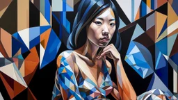 A captivating three-dimensional Cubist portrait of a young, 25-year-old woman of East Asian descent, rendered in a dynamic interplay of fragmented planes and geometric forms. Her pose is elegantly asymmetrical; she's seated, torso slightly turned, her gaze directed intensely towards the viewer, conveying a sense of both confidence and introspection. Her expression is subtly enigmatic, a hint of a smile playing on her lips, revealing a thoughtful, possibly melancholic undercurrent. She wears a m
