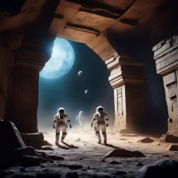 The astronauts move with precision and grace, their movements slow and deliberate in the low gravity of the alien world. They approach the crumbling entrance of the tomb, the air thick with the dust of ages past. With a hiss of escaping air, they step inside, their powerful lights cutting through the darkness like a beacon.