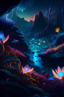 A breathtaking landscape depicting a hidden valley, filled with exotic, bioluminescent plants and flowers, casting a mesmerizing, otherworldly glow across the scene.
