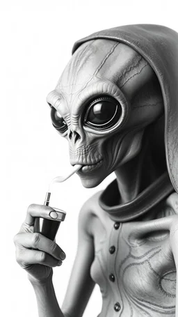 Get An old picture style of black and white mono very bad quality looks very old camera picture of an alien smoking a marijouna , all white background , year 1900