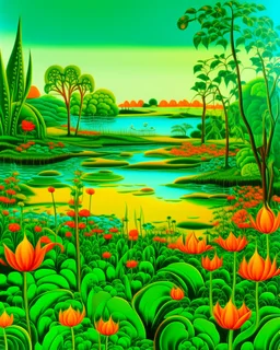 Green wetlands with fiery orange lilies designed in Scandinavian folk art painted by Salvador Dali