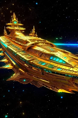 Beau vaisseau intergalactique couleurs arc en ciel dore